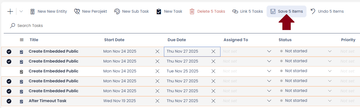 Save button on the data table command bar